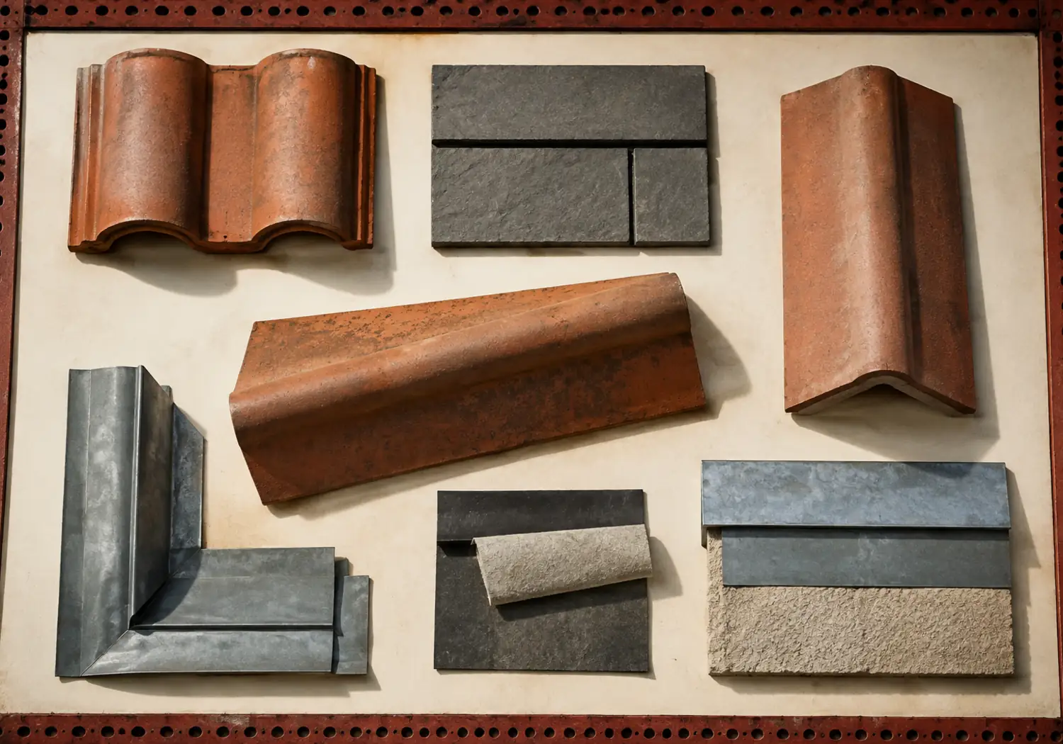 Colección cenital de tejas, remates metálicos y solapes de membrana dispuestos como muestras de cubierta